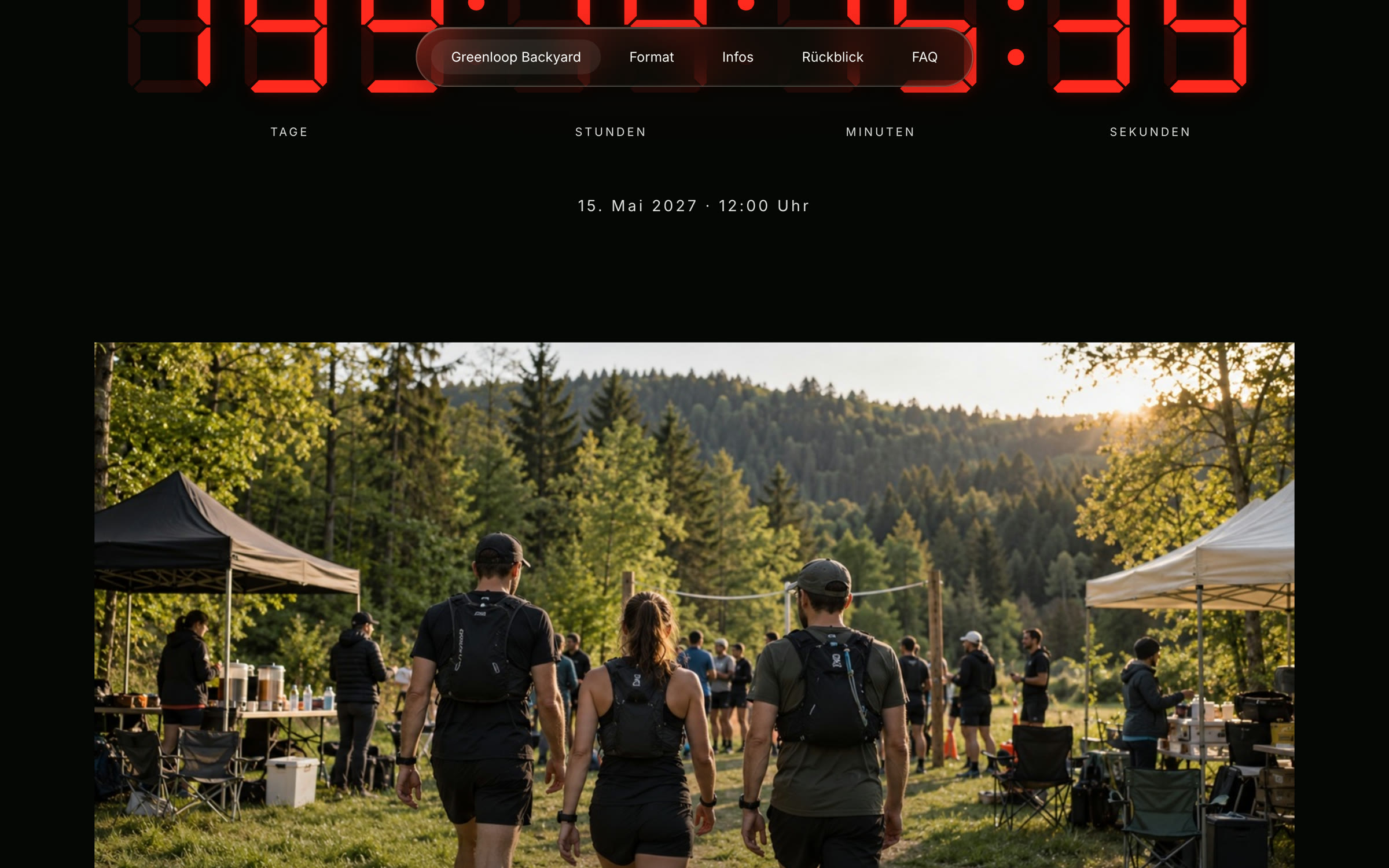 Countdown to 15 May 2027 in red seven-segment digits above a campsite image
