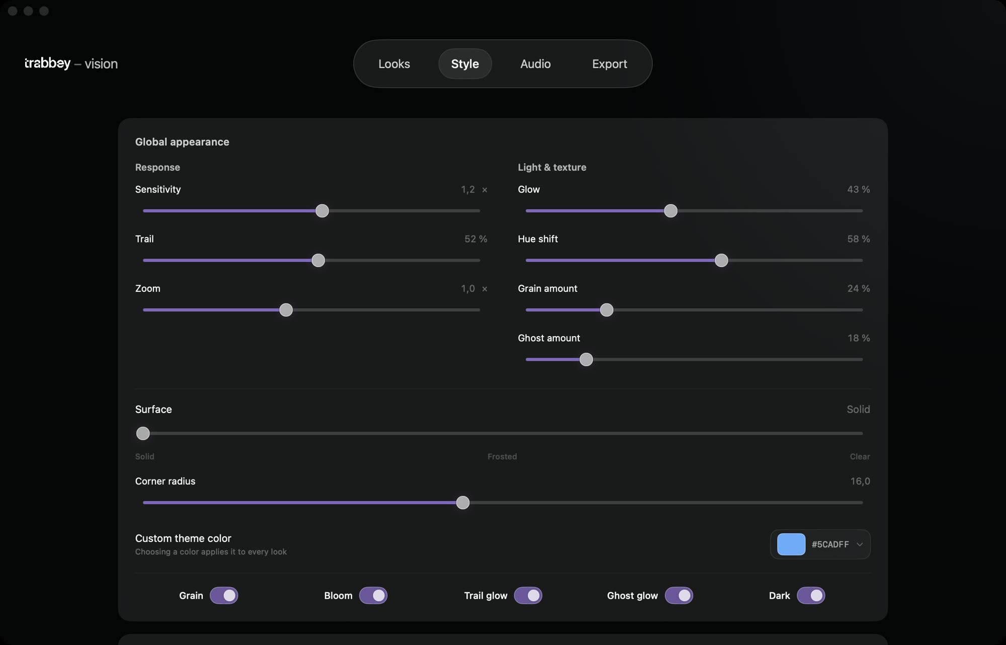 The Style tab with sliders for glow, grain and motion